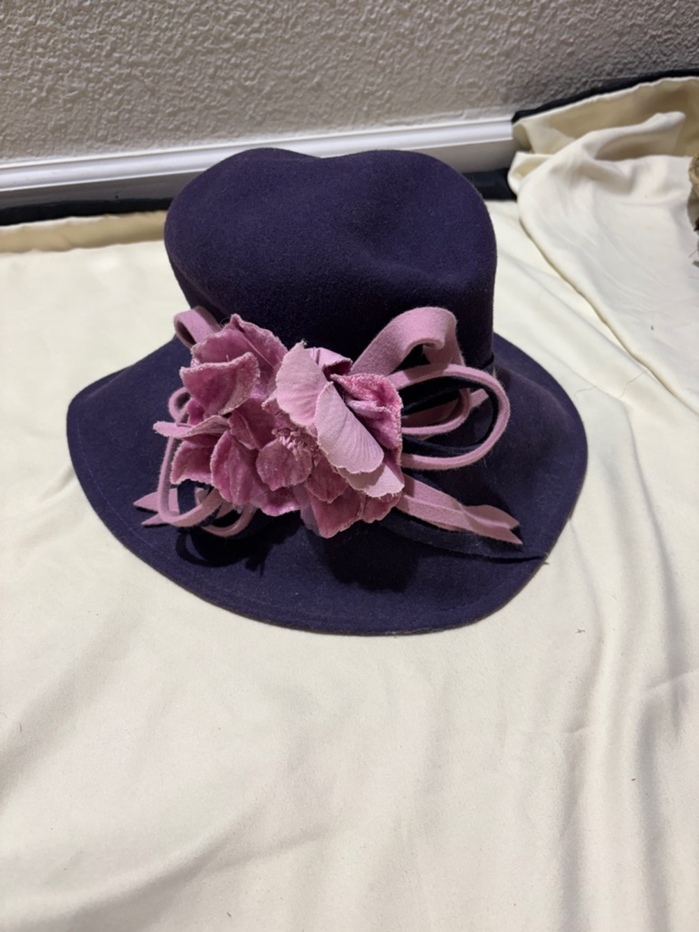 Frank Olive Women's Purple Felt Cloche Hat with Pink Floral Accent